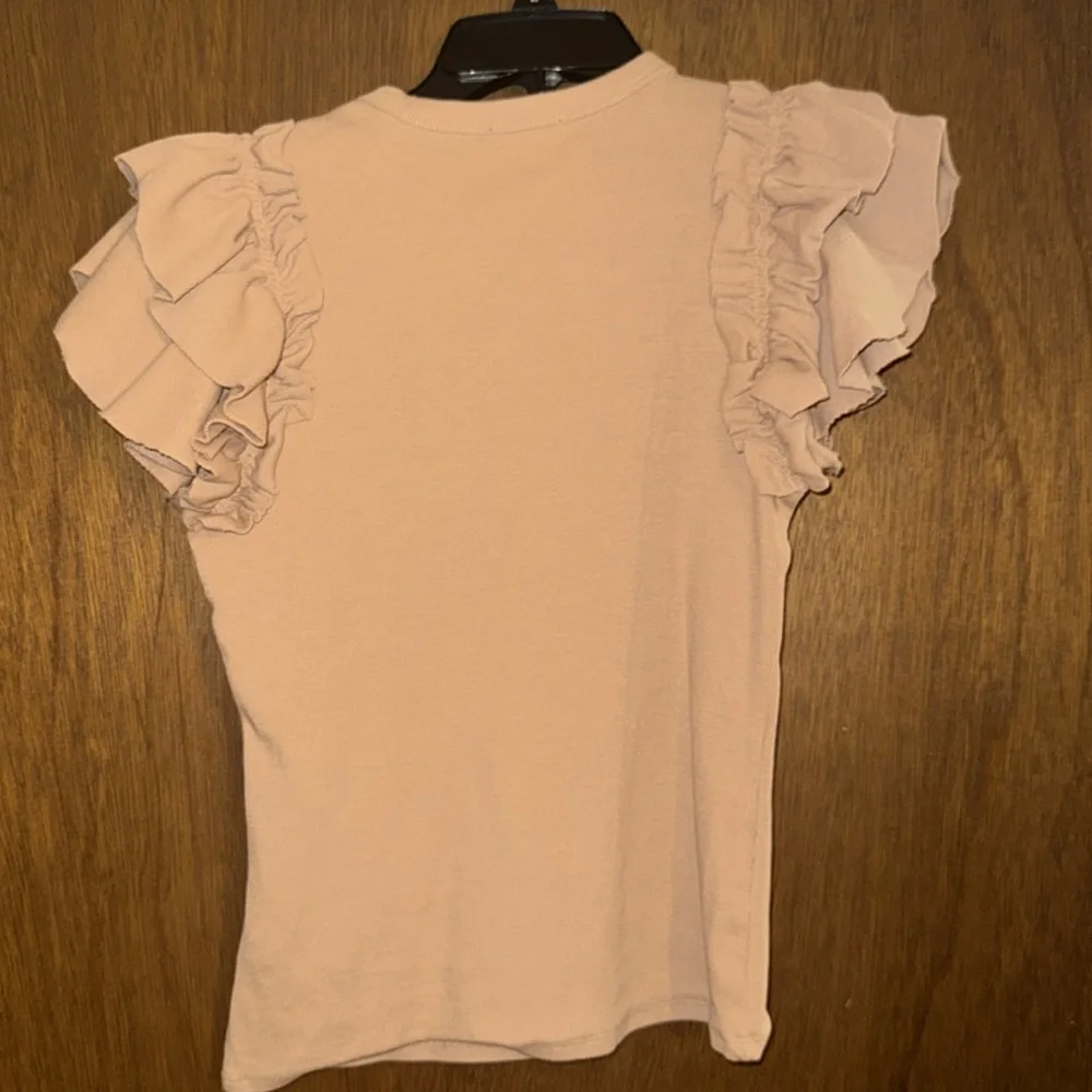 Express Ribbed Ruffle Sleeve Tee Tan, Women’s Medium - Picture 3 of 3